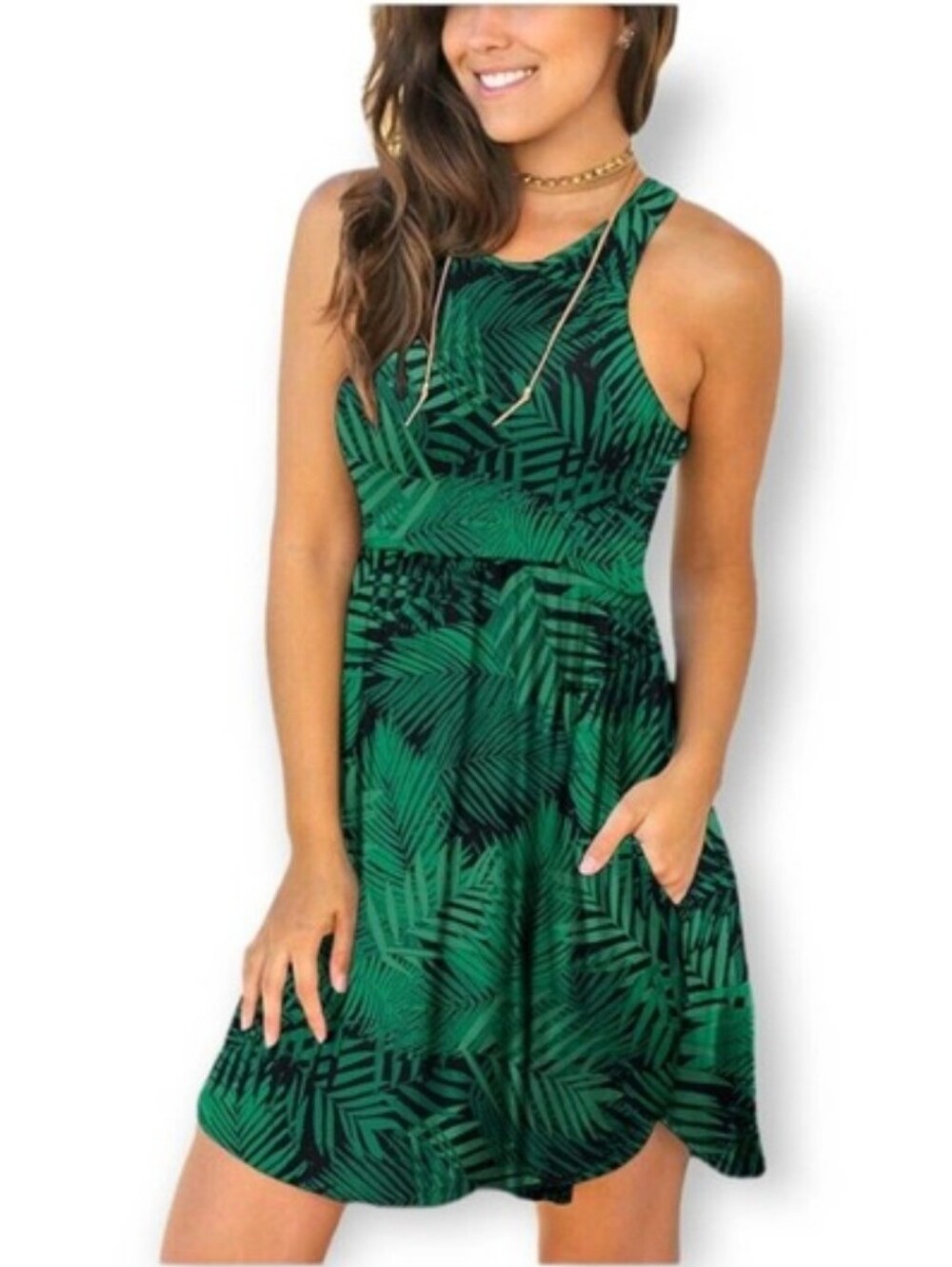 *Like New* Longyuan Beachy Tank Dress Palm Print Green Black Pockets Stretchy L